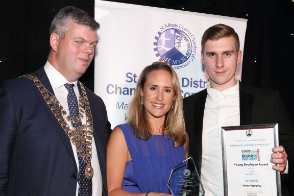 Amthal Finance Manager Reece Paprotny receiving his “Young Employee’ Award at the St Albans District Chamber of Commerce Community Business Awards.
