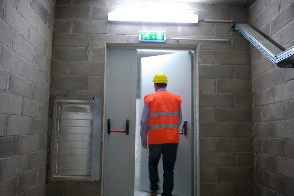 A man in an Orange tabard standing by an emergency exit.