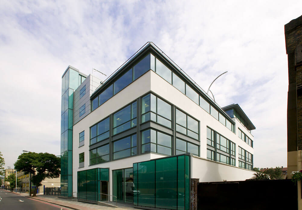 An angular glass building.