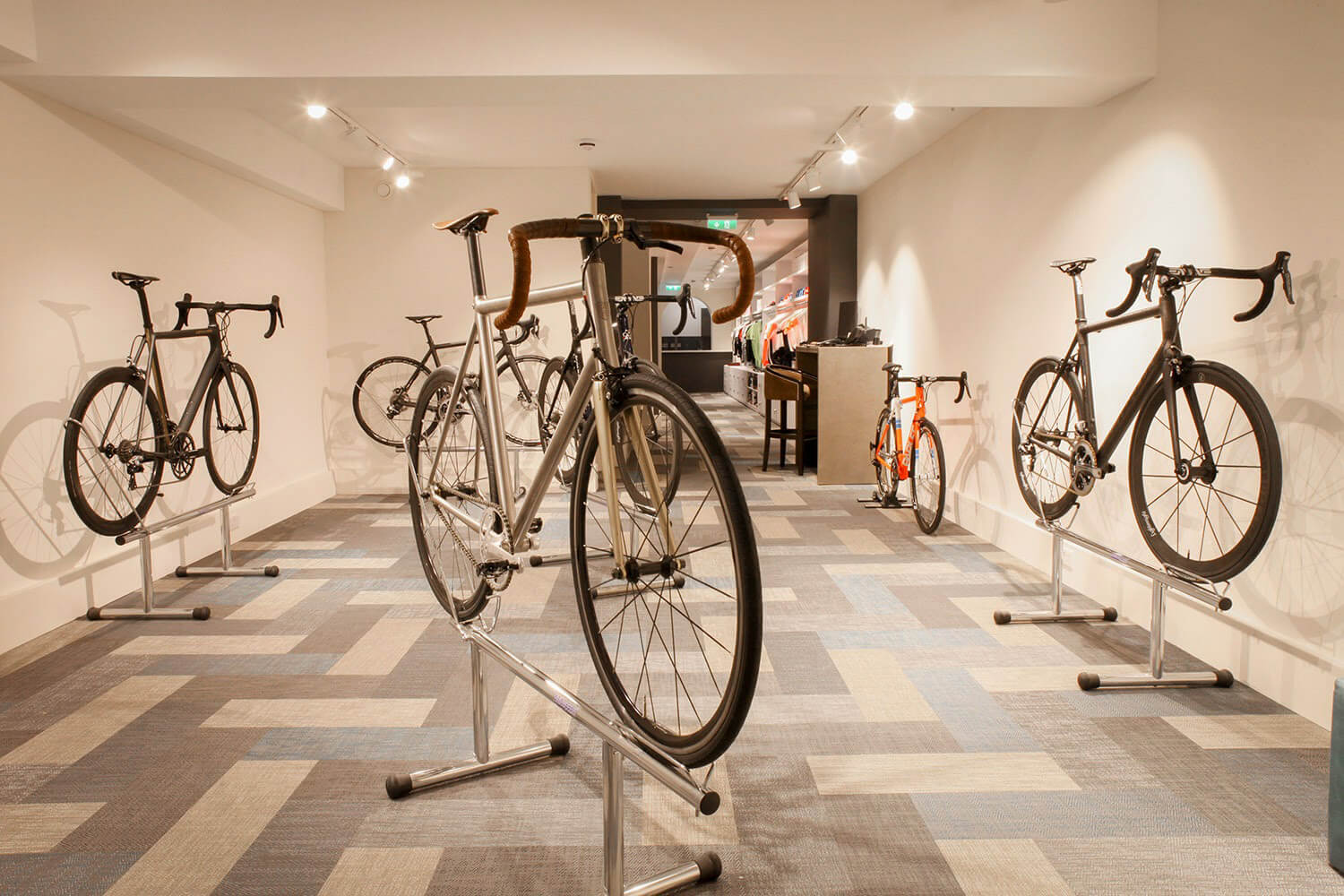 A bike shop with expensive-looking bikes for sale.